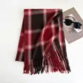 Cozy red brown plaid winter scarf with fringe, stylish Korean style warm wrap for women and girls. - 200x70cm - 280g / Orange and White Plaid