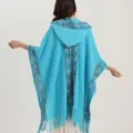 Mujer poncho punto con capucha elegante azul flecos etnicos capa viaje moda - Azul