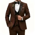 Men brown three piece slim fit suit wedding party tuxedo formal wear with bow tie and vest - 3XL / Top And Bottom / Three-Piece Set / Coffee