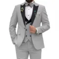Men's Light Gray Three-Piece Suit Slim Fit Wedding Tuxedo Set with Black Lapels. - 3XL / Top And Bottom / Three-Piece Set / Light Gray