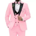 Men pink 3-piece suit slim fit wedding party formal wear stylish jacket vest trousers set - 3XL / Top And Bottom / Three-Piece Set / Pink