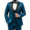 Men's 3-piece suit tuxedo set slim fit wedding party formal blazer vest pants outfit - 3XL / Top And Bottom / Three-Piece Set / Lake Blue
