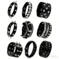 Men punk black leather bracelet set metal spike rivet gothic rock jewelry detail view - Faux Cowhide Rivet Style (28)