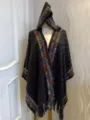 Mujer tejido con capucha poncho chal estilo étnico flecos capa invierno ropa - Negro