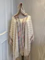 Poncho capa de punto con capucha para mujer estilo étnico detalles de borlas de invierno - Beige