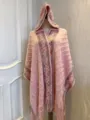 Stylish pink hooded knitted poncho with fringe, ethnic pattern, cozy winter wrap shawl. - Pink