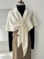 Solid color knit triangular shawl scarf, warm wool blend winter neck wrap for women outer wear. - Off White