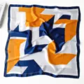 Femme foulard carré toucher soie imprimé géométrique élégant tour de cou pour style chemise - Journal Simple-Bleu Orange