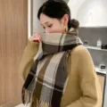 Bufanda de cuadros con flecos para mujer invierno cálida suave pañuelo diario. - Caqui Oscuro