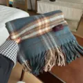 Blue brown plaid tassel scarf, cozy imitation cashmere winter neck warmer and stylish shawl. - Teal