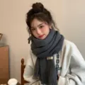 Korean style winter solid color knitted tassel scarf for women warm cozy fashion neck warmer - Gray
