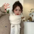 Cozy winter knit tassel scarf for women, warm solid color neck warmer, stylish daily wear. - Cream
