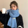 Cozy blue fluffy tassel scarf for women, stylish warm winter knitted neck wrap item. - Sky Blue