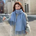 Bufanda de invierno azul neblina sólida para mujer, chal cálido y grueso de punto - Azul Fresco