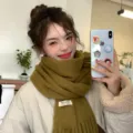 Korean style winter warm knitted tassel scarf for women, cozy and soft solid color neck warmer. - Mustard Green