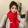 Korean style winter warm solid red knitted tassel scarf for women cozy daily wear - Red