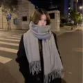 Thickened solid color winter warm knitted scarf with fringe for women, cozy and stylish daily wear. - Gray