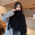 Winter black tassel scarf women thick warm solid color cozy neck wrap fashion accessory - Black