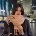 Winter solid color cozy warm fringed scarf variant, soft winter fashion neck accessory for women. - Camel