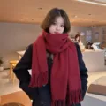 Winter thick warm knit scarf for women, solid color cozy fashion shawl and daily neck wear. - Burgundy