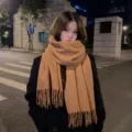 Thick warm winter tassel scarf for women, solid color casual cozy neck warmer shawl outdoor wear - Caramel color