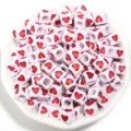 Acrylic square heart beads, white cube shape with red heart pattern for DIY jewelry crafts. - Red Heart Style