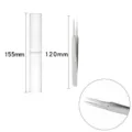 Stainless steel precision pointed tweezers detail view with transparent protective storage tube case. - ST-14 Thin Pointed Tip / 1 Piece/Pack