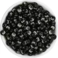 Black acrylic letter beads detail, round flat shape with white alphabet print for DIY jewelry. - Letter E / 100 Pieces Set
