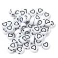 White acrylic flat round beads with black heart pattern, perfect for DIY jewelry making. - 100 Pieces Per Pack (Approx Diameter 7mm) / Washed White Base with Black Heart