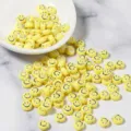 Acrylic flat round smiley face beads, yellow colorful cute jewelry making DIY accessories. - 100 Pieces/Pack / Yellow Base with Silver