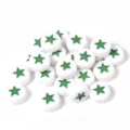 White acrylic flat round beads with green star pattern DIY jewelry making bracelet supplies - 100 Pieces Per Pack (Approx Diameter 7mm) / Green Stars on White Base