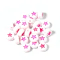 Acrylic flat round star beads, pink star pattern spacer beads for DIY jewelry making and crafts. - 100 Pieces Per Pack (Approx Diameter 7mm) / Rose Red Stars on White