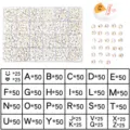 Details of 24-grid acrylic letter beads kit with storage box, elastic cord and chart. - 24-Grid Flat Round Letter Beads (White Base, Gold) & Elastic Cord