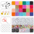 24-grid DIY colorful seed beads and letter bead set with charms, elastic cord, and tools. - 24-Grid Seed Beads + 24-Grid Letter Beads + Accessories
