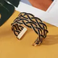 Boho gevlochten zwarte kralen brede gouden manchet armband etnische open armband - Goud Zwart