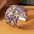 Handgemaakte blauw-witte zaadkraal meerlaagse goudraad open brede manchet armband stijlvol - Gouden rand - tweekleurig 5
