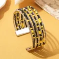Boheemse meerlaagse rocailles manchetarmband, zwart en gele kralen verstelbare metalen armring. - Tweekleurig 14 / Zilver