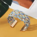 Boheemse stijl blauw wit kralen geweven metaal open manchet armband mode etnische sieraden. - Goud Blauw Wit Goud