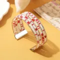 Boho stijl multi-layer rood wit kraal armband manchet met handige magnetische sluiting - Tweekleurig 10 / Zilver