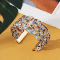 Boheemse zaadkralen geweven open manchetarmband, elegante blauwe en bruine metalen armband. - Goud Meerkleurig Twee