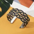 Boheemse zilveren manchet armband met zwarte kralen, brede geweven open armband voor vrouwen. - Zilver Zwart