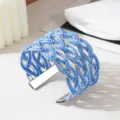 Handgemaakte blauwe kraal gevlochten brede manchet armband retro open metalen polsband - Witgouden rand - éénkleurig 4