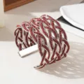 Brede Open Manchet Armband Zilver Metaal Rode Kralen Geweven Vintage Stijl Variant - Witgouden rand - éénkleurig 7