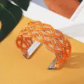 Boheemse oranje kralen gevlochten open manchet armband, zilveren metalen mode sieraden accessoire. - Zilver Oranje