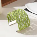 Handgemaakte geweven groene kraal brede manchet armband, zilveren open verstelbare - Witgouden rand - éénkleurig 9