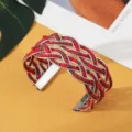 Bohemien rood en bruin kralen gevlochten metalen manchet armband etnische stijl sieraden - Zilver Rood Bruin