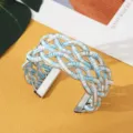 Boheemse blauw witte kraal gekruiste manchet armband, stijlvolle open armband voor dames. - Zilver Blauw Wit