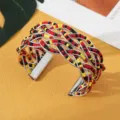 Boheemse kraal manchet armband, zilverkleurige geweven draad met rode zwarte gele kraal. - Zilver Driekleur
