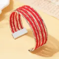 Boheemse meerlaagse rode kraal manchet armband met metalen gestructureerde staven - Effen Kleur 3 / Zilver