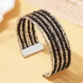 Boho meervoudige zwarte kraal manchet armband met stijlvolle zilveren metalen draden. - Effen Kleur 4 / Zilver